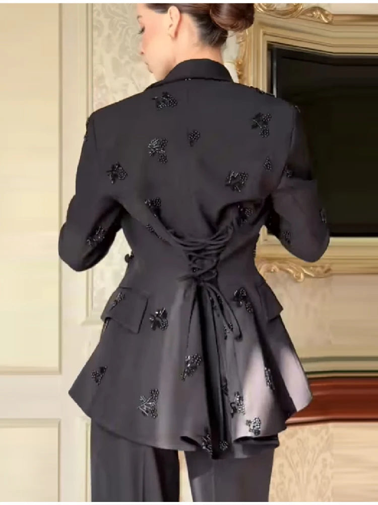 Conjunto de Chaqueta y Pantalón con Cuentas, Estilo Blazer, Cintura Ajustada con Cordones, Pantalón de Pierna Ancha, Traje Elegante para Fiesta, Nuevo Modelo 2026